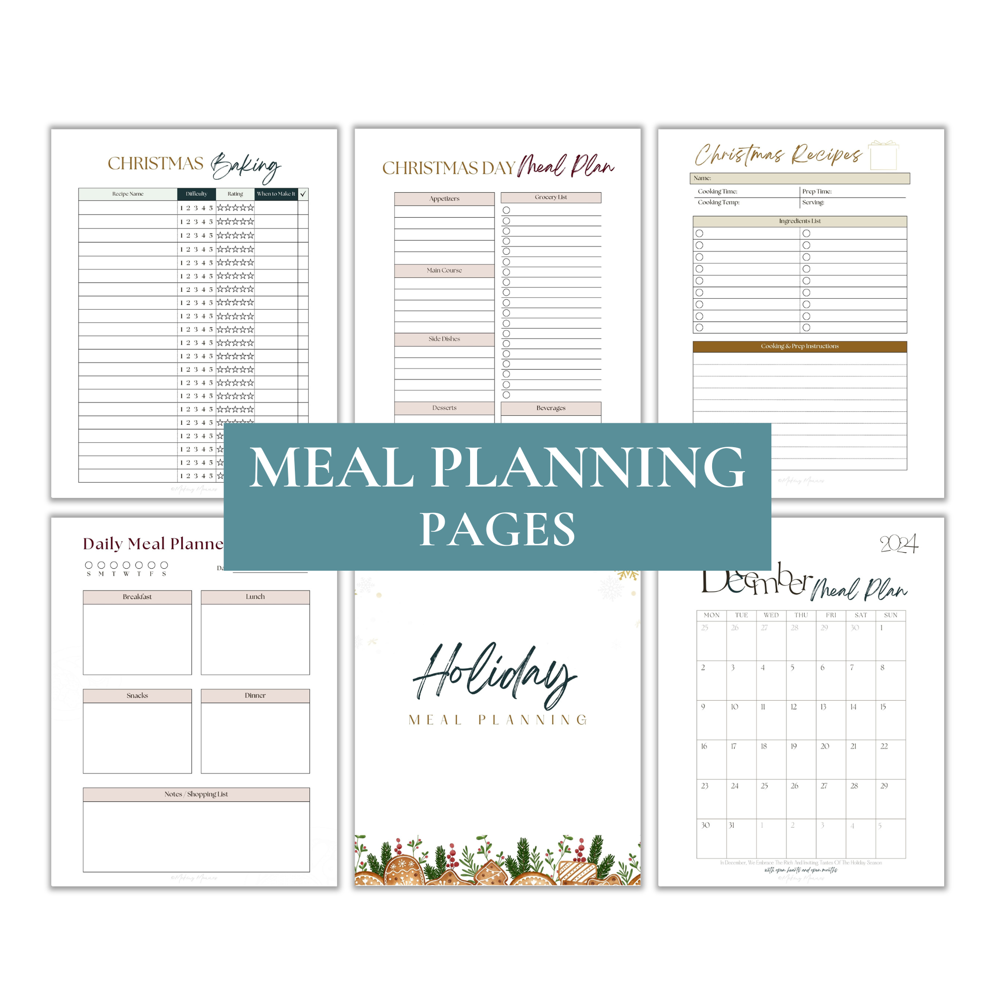 Preview of the Meal Planning Pages from the Christmas Planner, featuring a daily meal planner, Christmas day meal plan, recipe tracker, holiday recipes, and a December meal calendar. Ideal for stress-free holiday meal preparation.