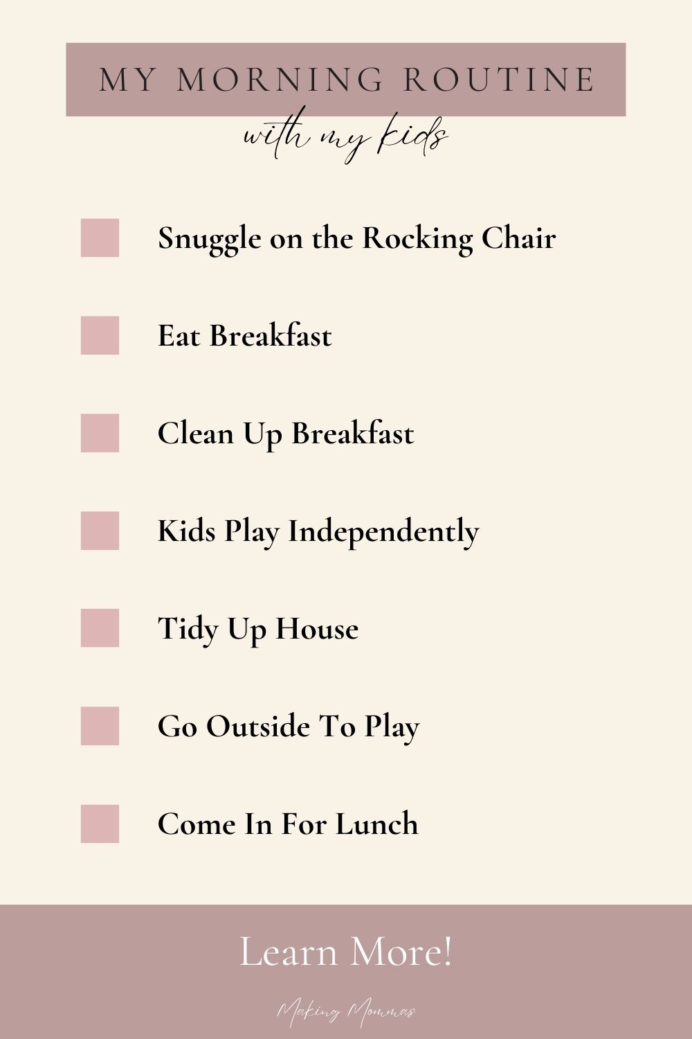 graphic that reads, "my morning routine with my kids" and has a list of activities