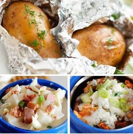 image of foil wrapped baked potatoes and a couple of baked potatoes in a container with toppings on the bottom 