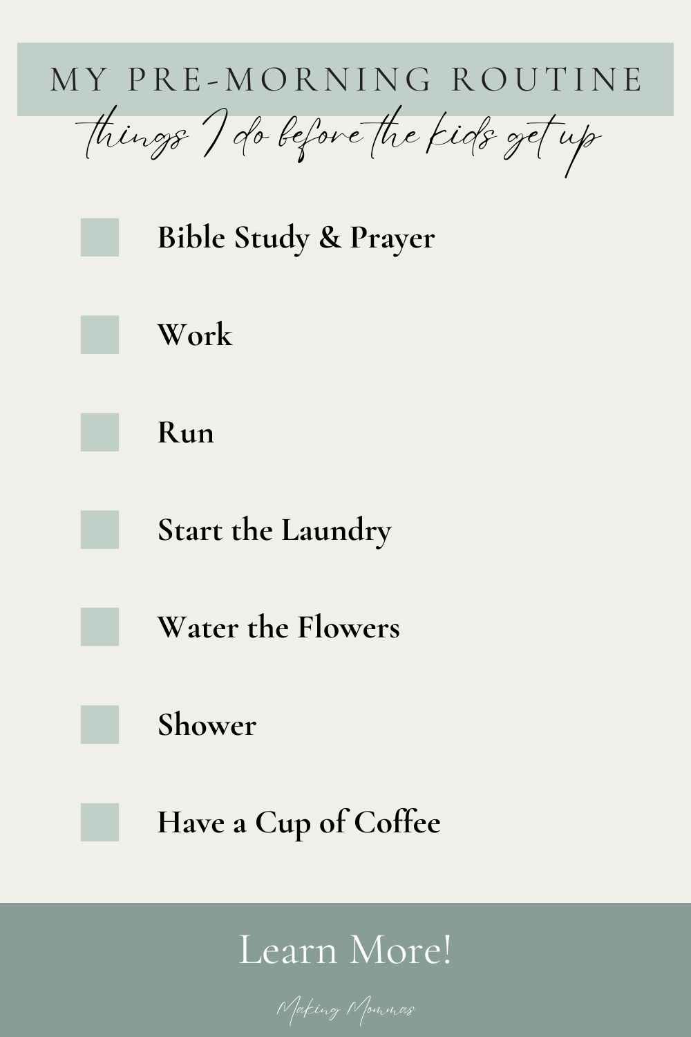 graphic that reads "My pre-morning routine: things I do before the kids get up", with a list.