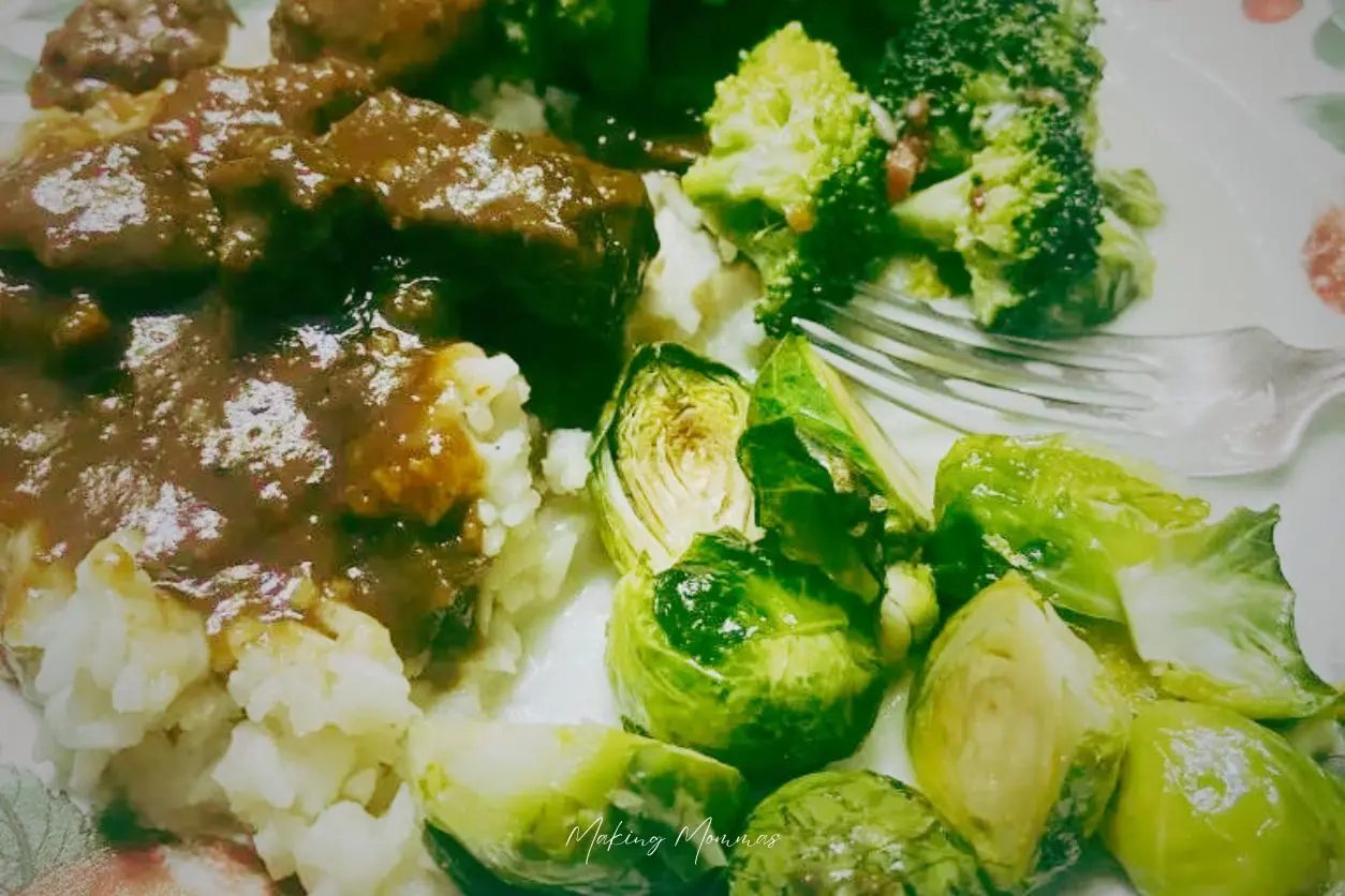 image of skyrim venison over rice, broccoli and brussel sprouts