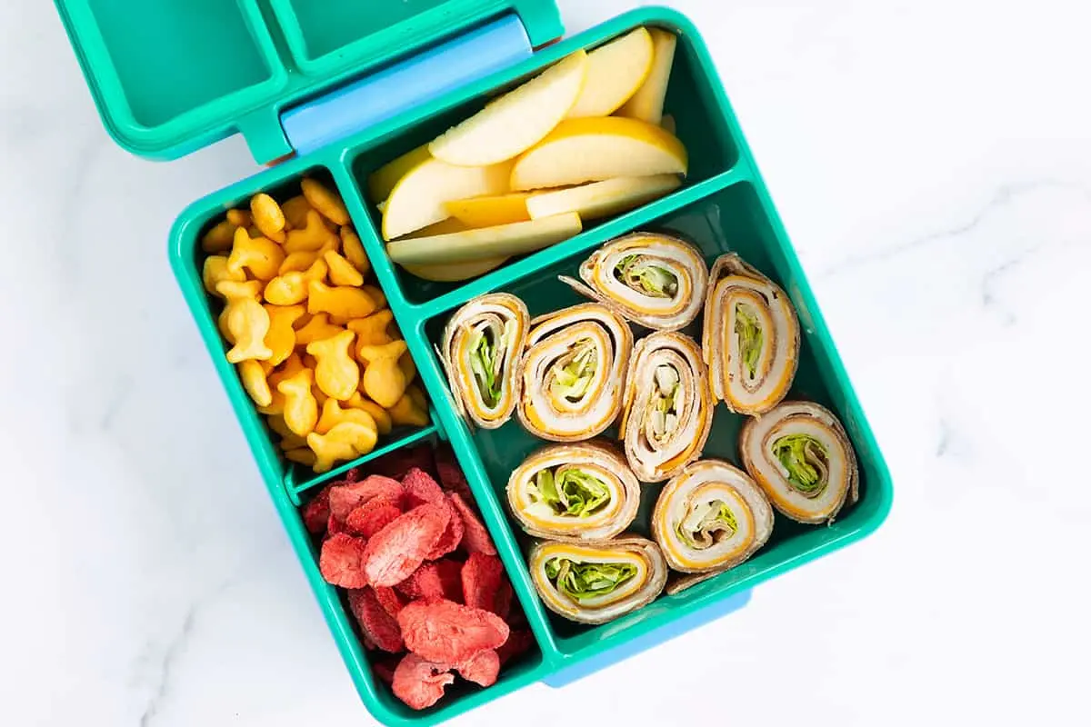 image of turkey and cheese roll ups in a bento box with apples, dried strawberries, and gold fish