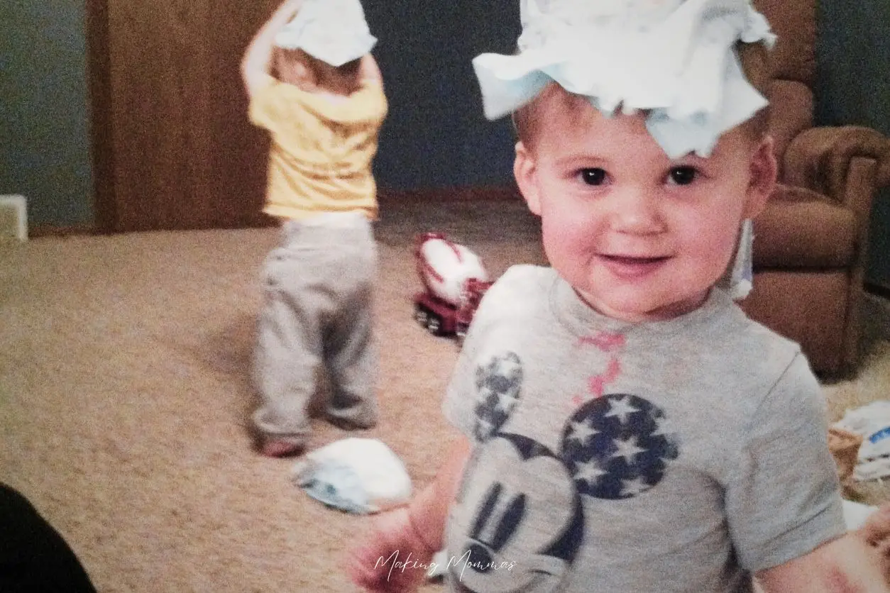 image of two little boys with diapers on their heads