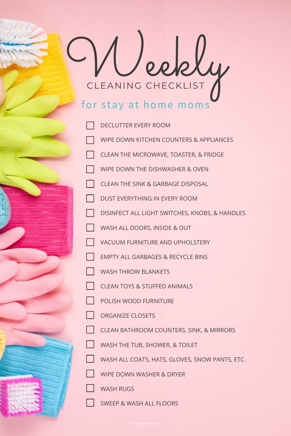 pin image of a weekly cleaning checklist for stay at home moms
