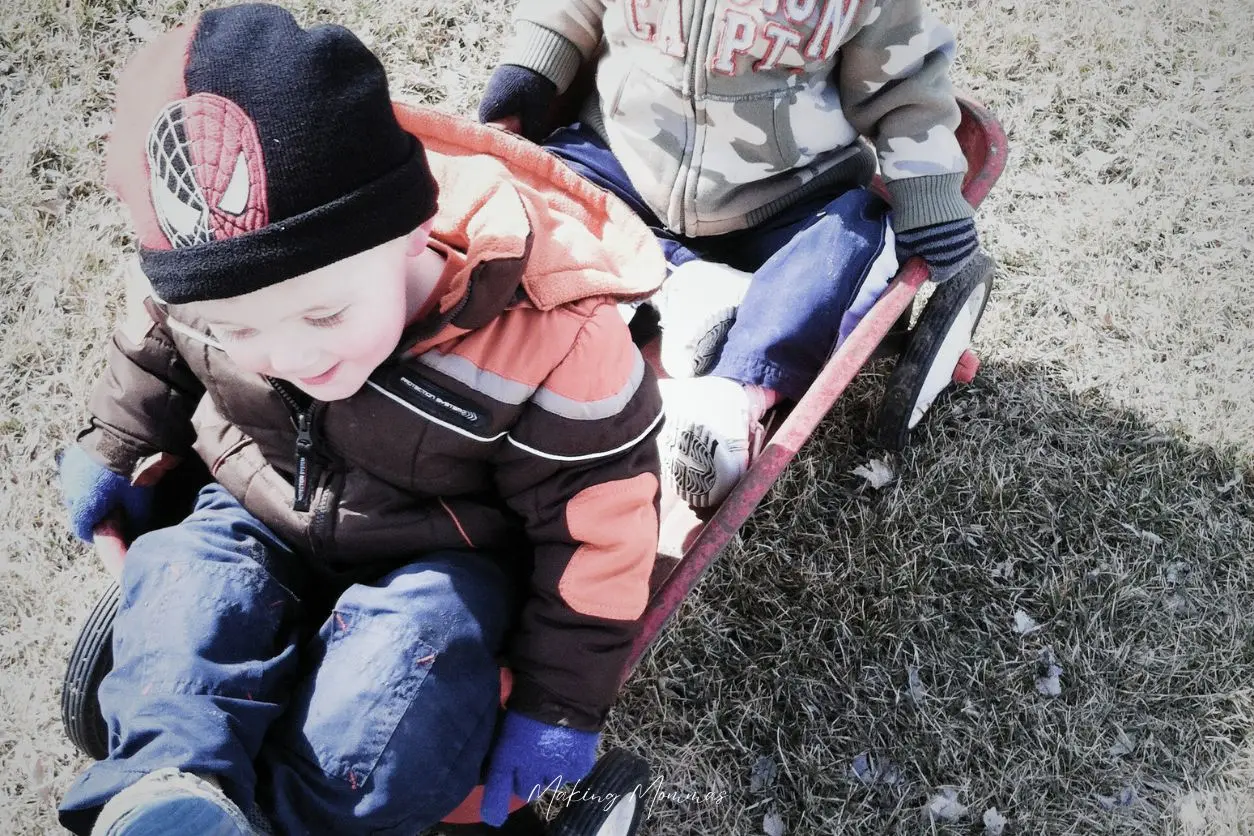 image of two boys in a wagon in the fall